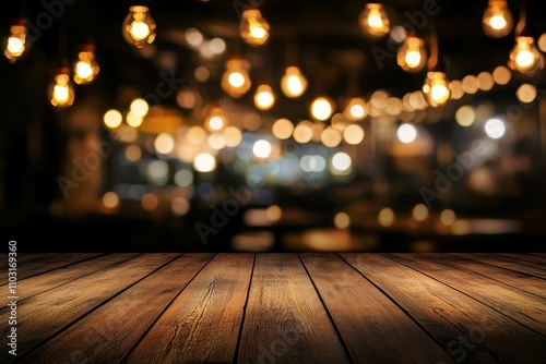 Empty Wooden Table With Bokeh Background.