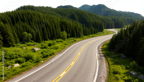 Aerial view asphalt road on green forest, Curve asphalt road on mountain green forest, Countryside road passing green forrest and mountain isolated highlighted by white, png