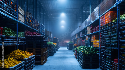 Fototapeta Naklejka Na Ścianę i Meble -  cold storage warehouse filled with stacked crates of fresh fruits and vegetables, showcasing vibrant colors and organized shelving. atmosphere is cool and industrial