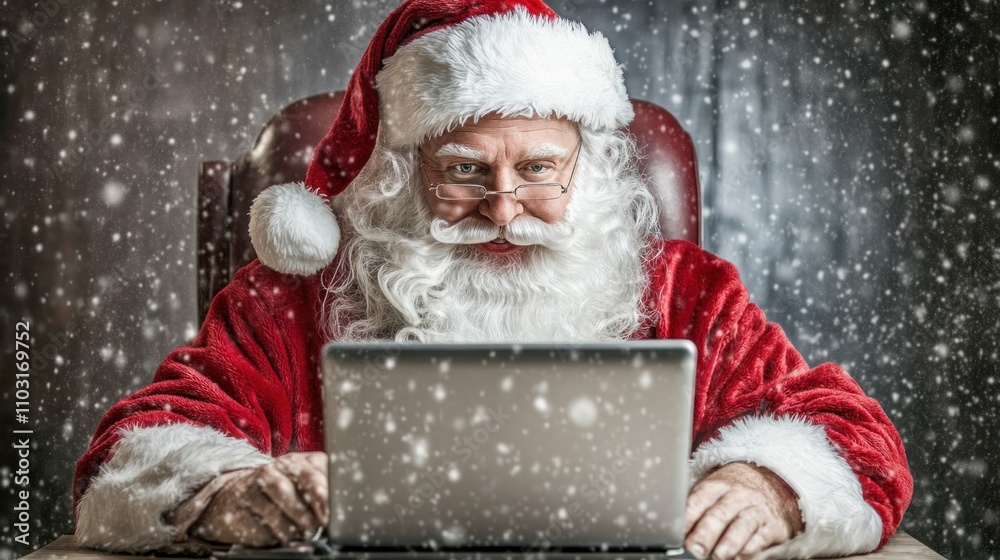 Santa Claus Checking Christmas List on Laptop Santa Claus Checking Christmas List on Laptop