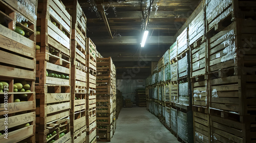 Fototapeta Naklejka Na Ścianę i Meble -  cold storage warehouse filled with stacked crates of fruits and vegetables, showcasing organized storage and preservation techniques. atmosphere is cool and efficient