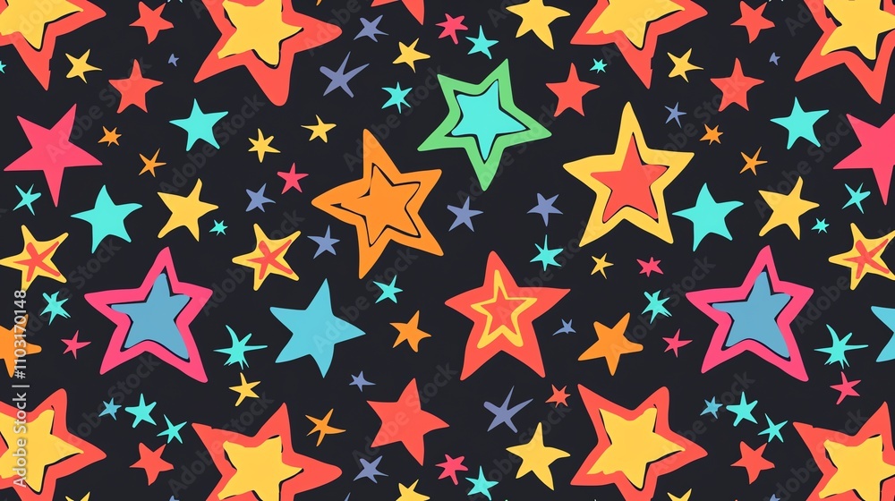 A seamless pattern of colorful stars on a black background.