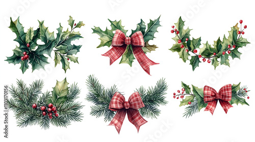 set of Christmas garlands with holly leaves, red plaid bows, and pine branches on a white background. Watercolor illustration