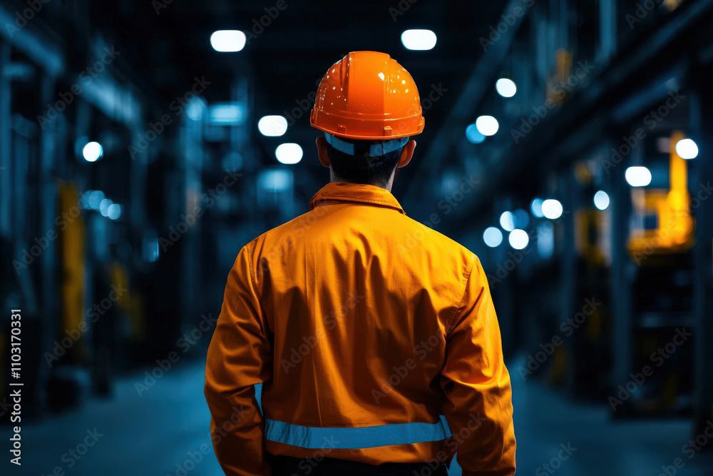 night shift worker in empty industrial space, wearing orange helmet and jacket night shift worker in empty industrial space, wearing orange helmet and jacket
