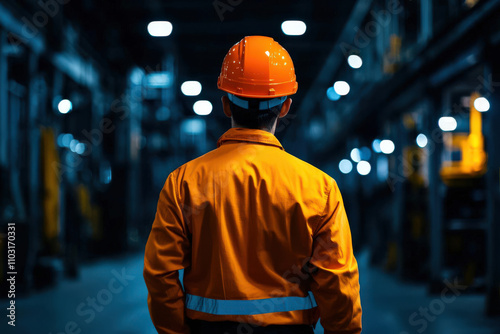 night shift worker in empty industrial space, wearing orange helmet and jacket