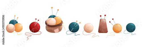 Set of skeins of yarn with knitting needles. Vector illustration of wool yarn clubs white background. Hobby craft and handmade concept.