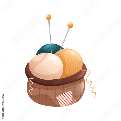 Skein of yarn with knitting needles in wicker basket. Vector illustration of skein of wool yarn white background. Hobby craft and handmade concept.