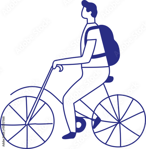 Stylized vector art line hand drawn man riding bike silhouette isolated.