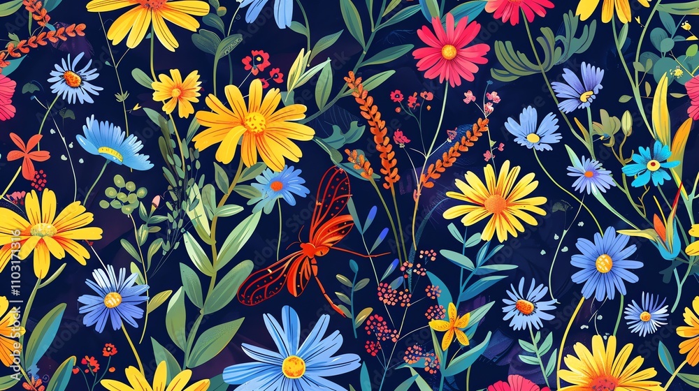 A seamless pattern of flowers and dragonflies on a dark blue background. A seamless pattern of flowers and dragonflies on a dark blue background.