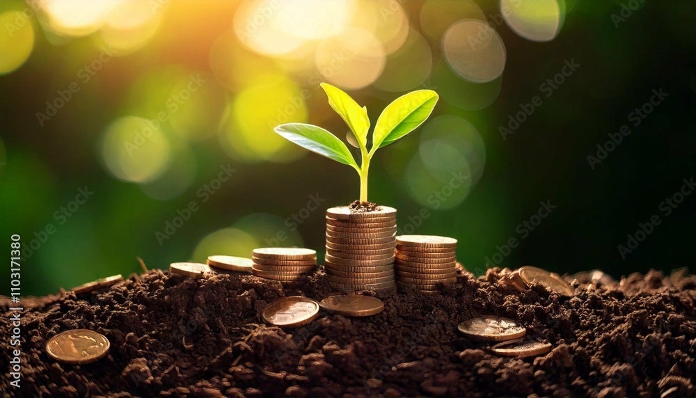 AI generates - A seedling growing on a pile of coins has a natural backdrop, blurry green, money management, and economic growth AI generates - A seedling growing on a pile of coins has a natural backdrop, blurry green, money management, and economic growth