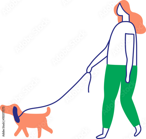 Stylized vector art line hand drawn woman walking with dog  silhouette isolated. Human body