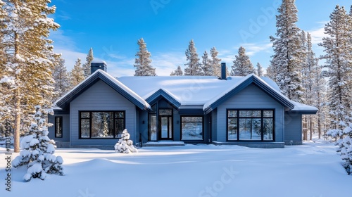 Cozy Winter Home Surrounded by Snowy Trees in a Winter Wonderland