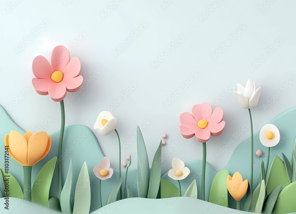 3D render of a plasticine cartoon-style background with spring flowers and plants. Vector presentation design in a flat lay perspective with a minimalistic approach