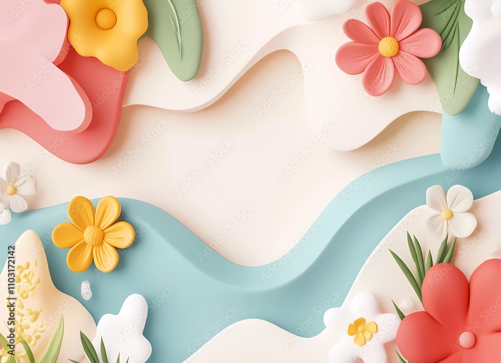 3D render of a plasticine cartoon-style background with spring flowers and plants. Vector presentation design in a flat lay perspective with a minimalistic approach