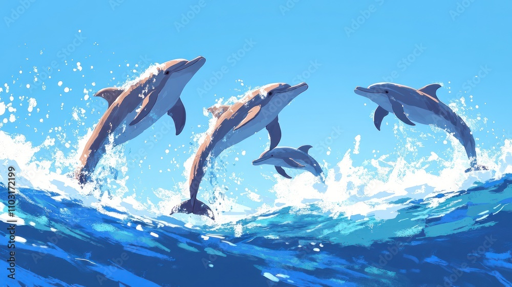 Naklejka premium Joyful Dolphins Leaping in the Ocean Waves