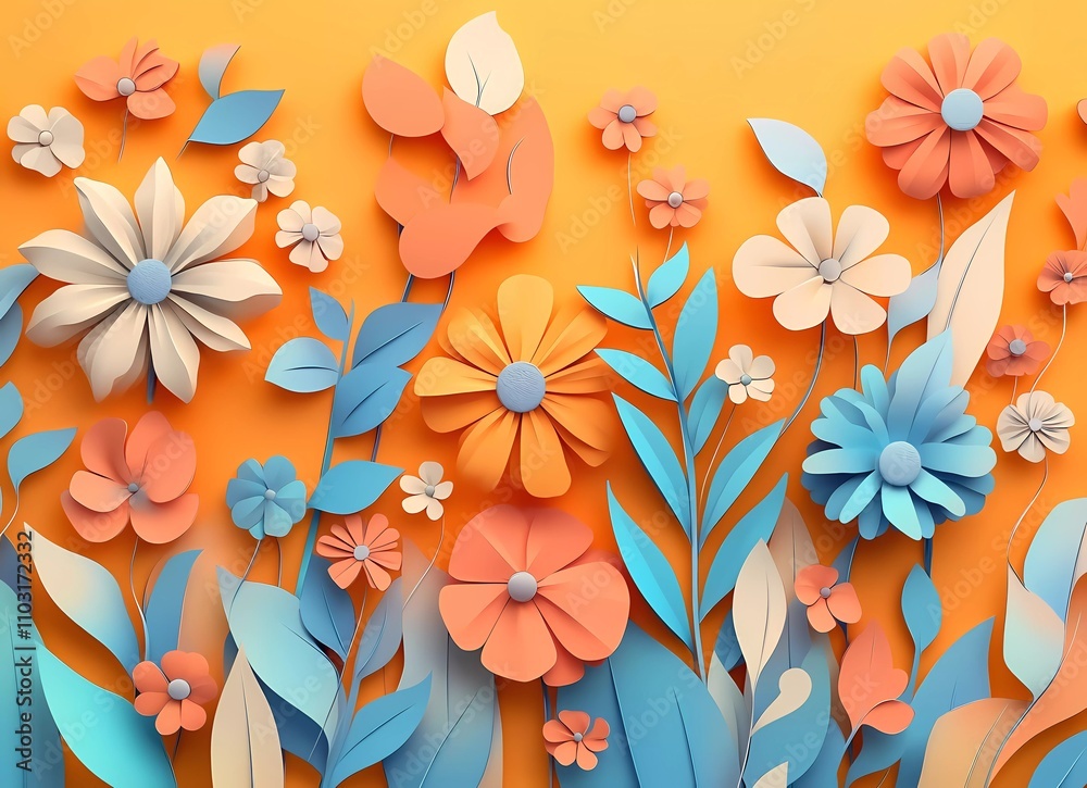 3D render of a plasticine cartoon-style vector illustration with a background featuring various flowers and leaves on a pastel orange background.
