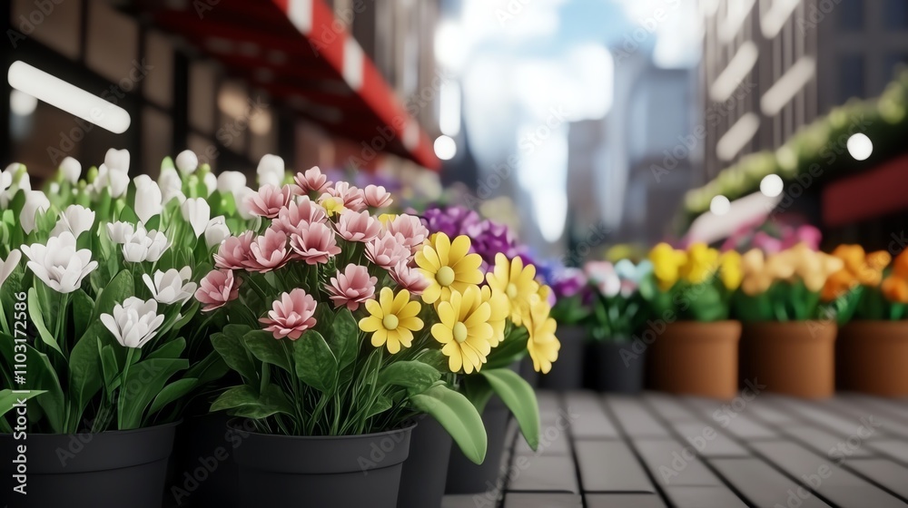 Fototapeta premium A vibrant array of colorful flowers in pots adds charm to a bustling city street, showcasing nature's beauty amidst urban life.