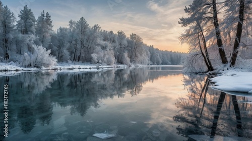 
Frozen lake reflecting snow-covered trees and winter sky.