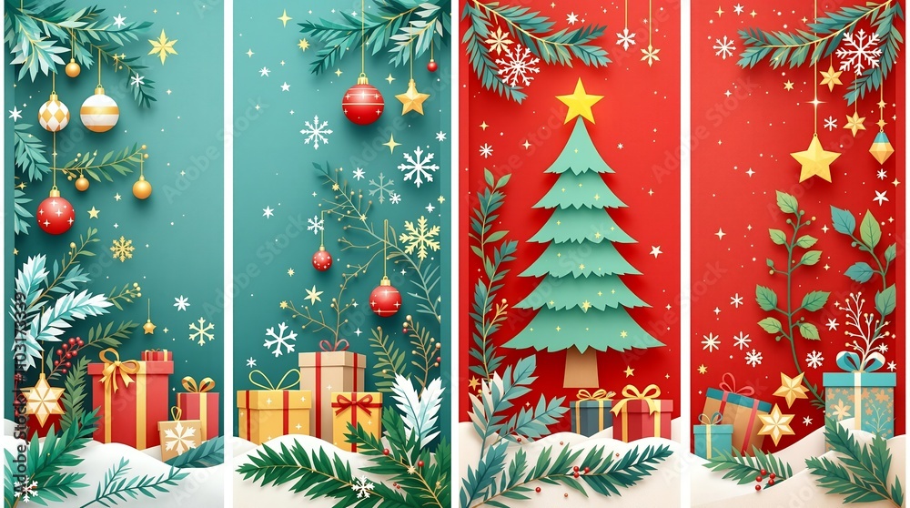 Naklejka premium A variety of Christmas card & banner collection. Collection color postcards with christmas tree, decoration, snowman, ball, various xmas elements and decorations.