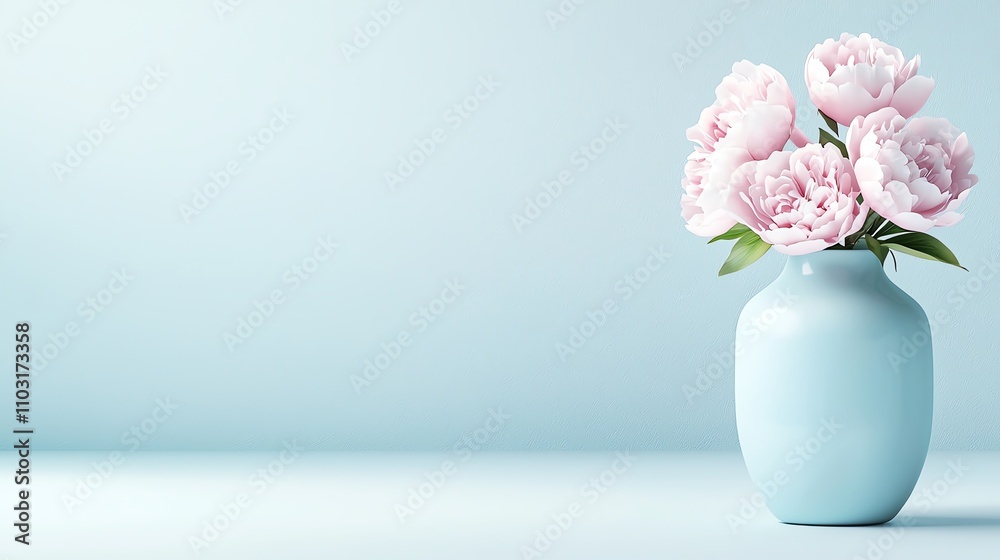 A serene arrangement of pink peonies in a light blue vase against a soft blue background, creating a calming and elegant aesthetic. A serene arrangement of pink peonies in a light blue vase against a soft blue background, creating a calming and elegant aesthetic.