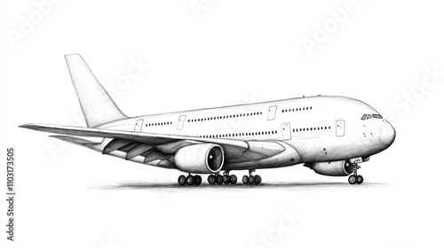 A detailed sketch of a commercial airplane, showcasing its streamlined design and prominent features.