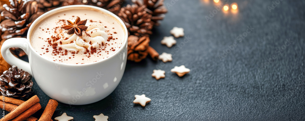 Warm Latte with Cinnamon and Spices. Aromatic Christmas beverage with festive decorations on black background. Perfect for product placement and holiday advertising. Top view with copy space Warm Latte with Cinnamon and Spices. Aromatic Christmas beverage with festive decorations on black background. Perfect for product placement and holiday advertising. Top view with copy space