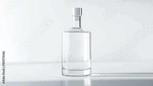 Minimalistic sleek vodka bottle with clear glass and elegant silver accents, perfect for modern bar aesthetics.