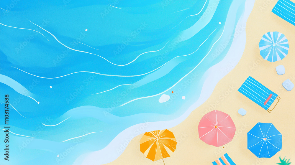 Summer beach banner with golden sand, blue beach chairs and colorful umbrellas, background in the form of clear blue sea and sky with thin white clouds, Ai generated images Summer beach banner with golden sand, blue beach chairs and colorful umbrellas, background in the form of clear blue sea and sky with thin white clouds, Ai generated images