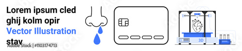 Medical technology elements including nasal drip flow, rapid diagnostic test kit, and 3D printed heart model. Ideal for healthcare, biotech, diagnostics, innovation, medical devices, futuristic