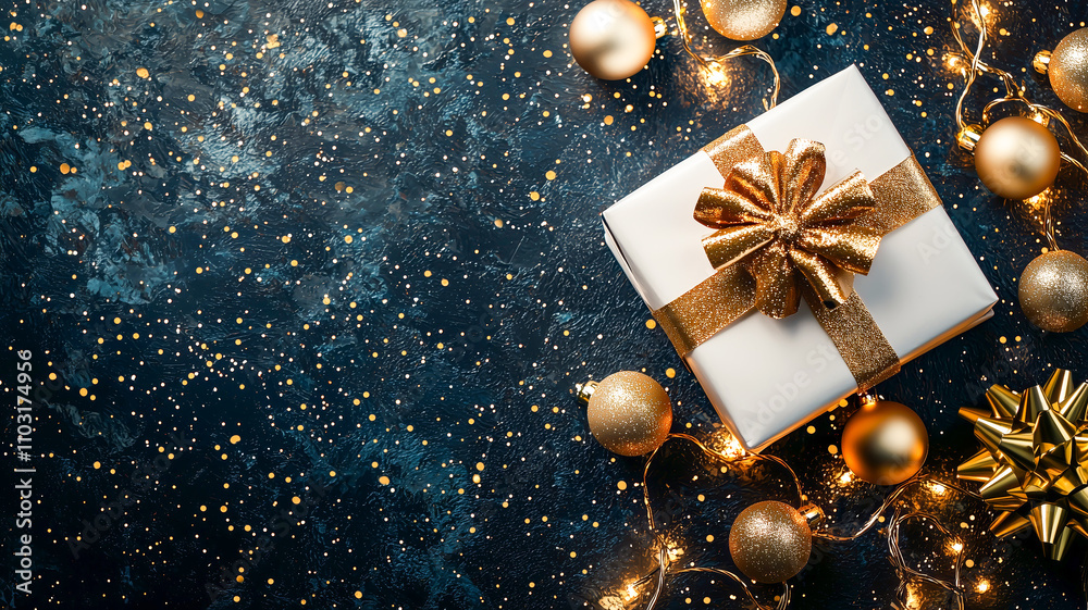 Elegant Christmas background with gift and golden decorations. Festive flat lay with fir branches, fairy lights, and copy space. Perfect for holiday designs.