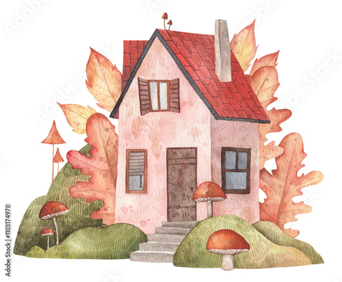 Cozy tiny house illustration with autumn oak leaves. Watercolor hand painted cute house facade in a forest