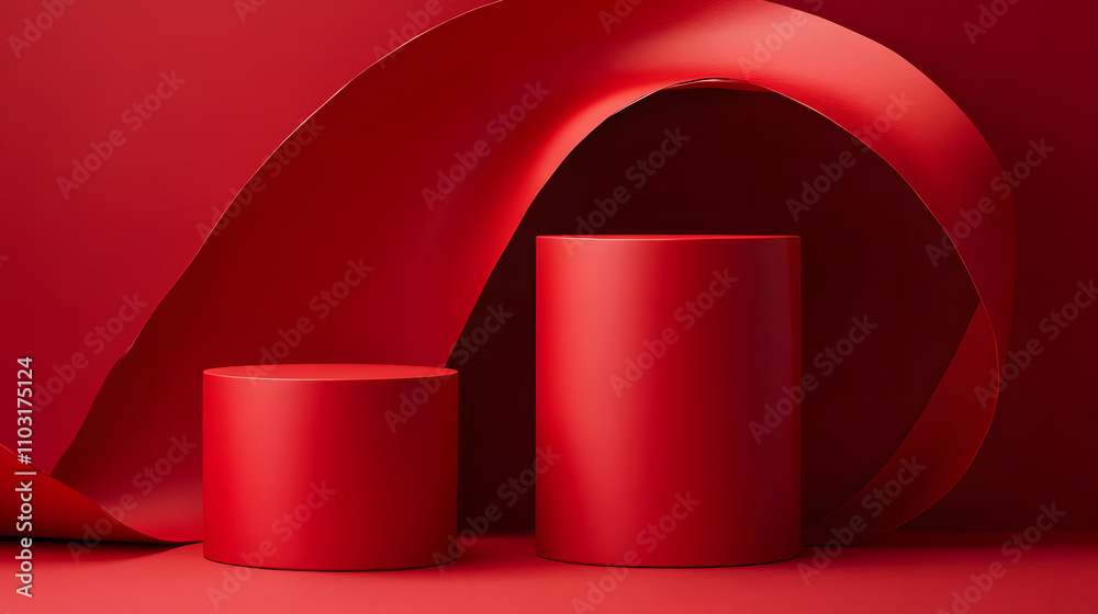 Red Cylindrical Podiums with Curved Paper Arch on Red Background for Product Display. Red Cylindrical Podiums with Curved Paper Arch on Red Background for Product Display.