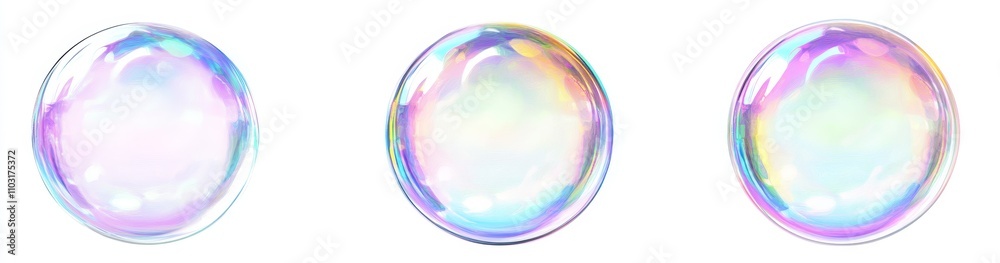 Three iridescent soap bubbles on a white background. Three iridescent soap bubbles on a white background.