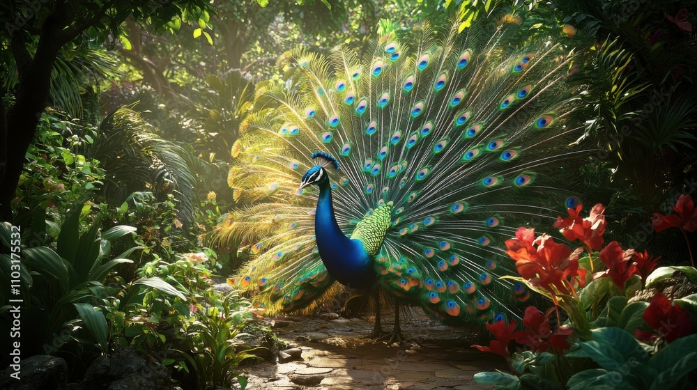 Obraz premium Majestic Peacock Displaying Colorful Feathers in a Tropical Garden