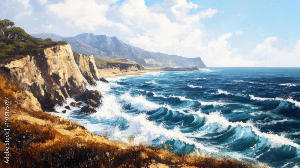 Rocky cliff by the sea, waves crashing against the shore, rugged coastline, natural landscape, clear blue sky, dramatic and wild, untouched nature