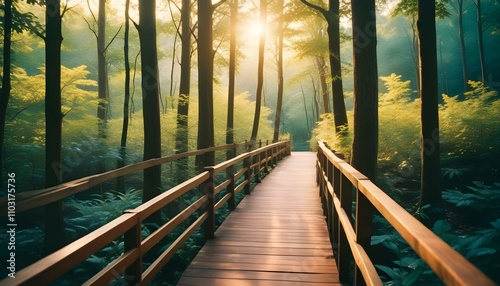 Una pasarela de madera que atraviesa un bosque verde y exuberante con árboles altos y follaje denso a ambos lados, con la luz del sol filtrándose a través del dosel photo