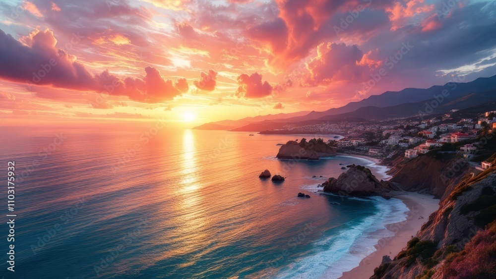 Fototapeta premium Laguna Beach sunset drone views, AI-enhanced art.