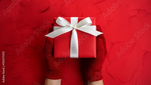 A photo of a pair of hands gently holding a red gift box with a white ribbon against a vibrant red background. The gift box is wrapped with red paper and ai generated