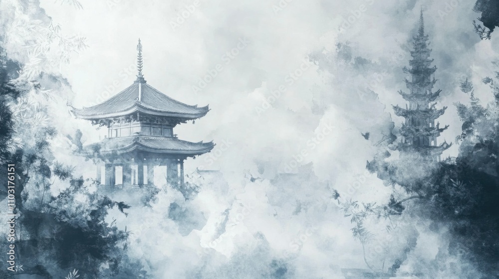 Japanese kanji art featuring temple silhouette on silver New Year greeting card background with blank area, luxury sophisticated silver watercolor style for celebration, family gathering, lantern Japanese kanji art featuring temple silhouette on silver New Year greeting card background with blank area, luxury sophisticated silver watercolor style for celebration, family gathering, lantern