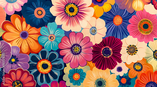 Bold and colorful cartoon flowers with a retro vibe and psychedelic patterns 