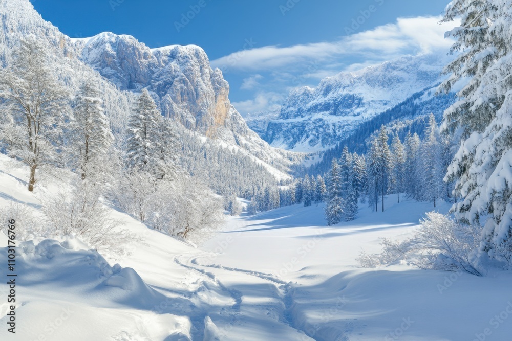 Snow-covered valley with evergreens and a clear blue sky, creating a tranquil winter scene. Crisp air and calmness inviting outdoor adventures Snow-covered valley with evergreens and a clear blue sky, creating a tranquil winter scene. Crisp air and calmness inviting outdoor adventures