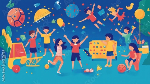 Joyful Kids Playground: A vibrant illustration of children playing joyfully in a colorful playground filled with various play equipment and cheerful elements.
