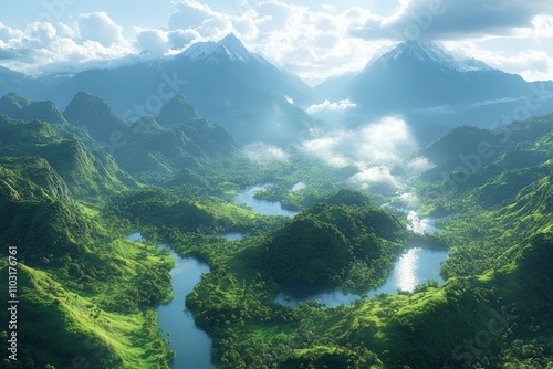 Aerial view of a mountain range with lush valleys, rivers, and snow-capped peaks. Generative AI