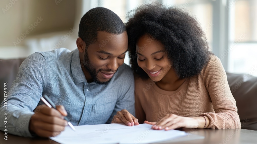 Happy Couple Reviewing Documents Together