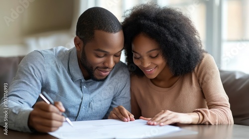 Happy Couple Reviewing Documents Together