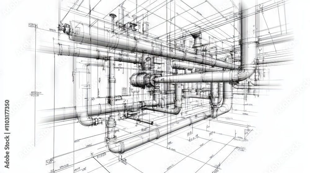 Technical Drawing of a Complex Pipe System Technical Drawing of a Complex Pipe System