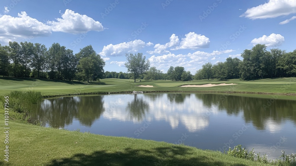 Serene Golf Course Landscape with Reflective Pond and Blue Sky Serene Golf Course Landscape with Reflective Pond and Blue Sky