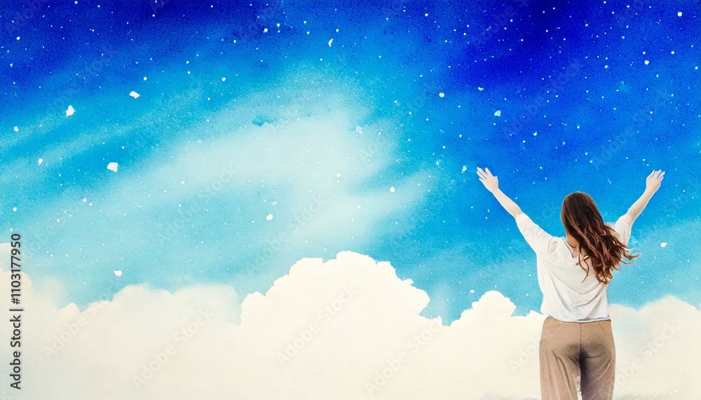 watercolor painting of a beautiful sky with a gorgeous girl and an empty copy space watercolor painting of a beautiful sky with a gorgeous girl and an empty copy space