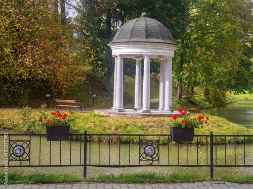 White colonnade in Yunost park in Kaliningrad, Russia. photo