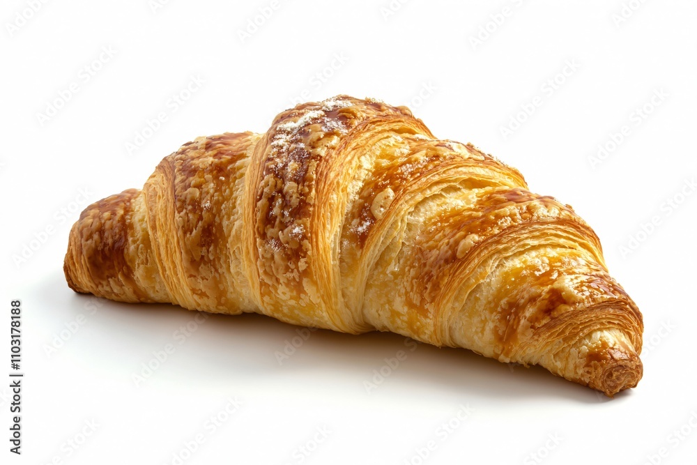 Freshly baked golden brown croissant resting on a pristine white background, tempting viewers with its flaky layers and inviting aroma Freshly baked golden brown croissant resting on a pristine white background, tempting viewers with its flaky layers and inviting aroma